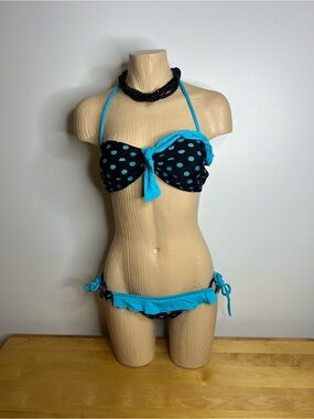 Beautiful Black & Turquoise Polka Dot Tie-Back Bikini❤️M